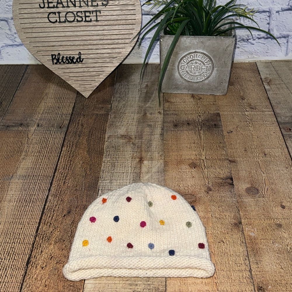 Pachamama Cream Multi Dot Wool Beanie Hat 100% Wool One Size